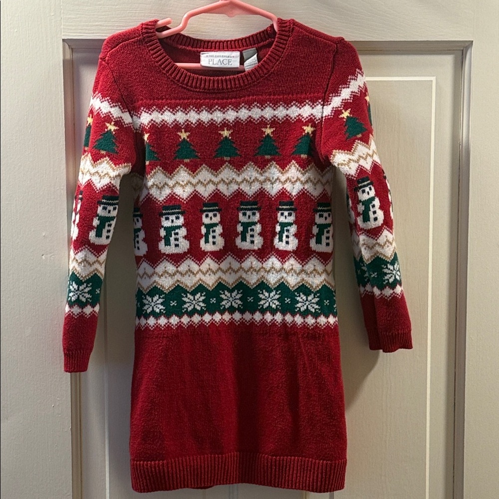 The Children’s Place Festive Red Knit Dress with Snowman and Tree Design